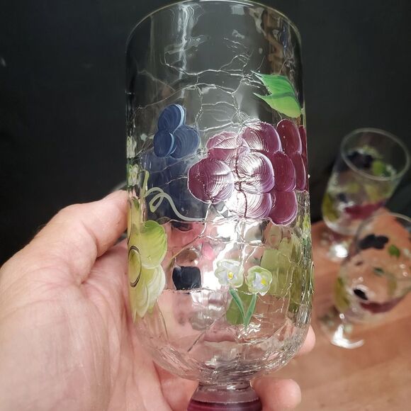 6 Vintage 1990's Crackled Glass Hand Painted Grapes Water or Iced Teas Glasses - Picture 10 of 10